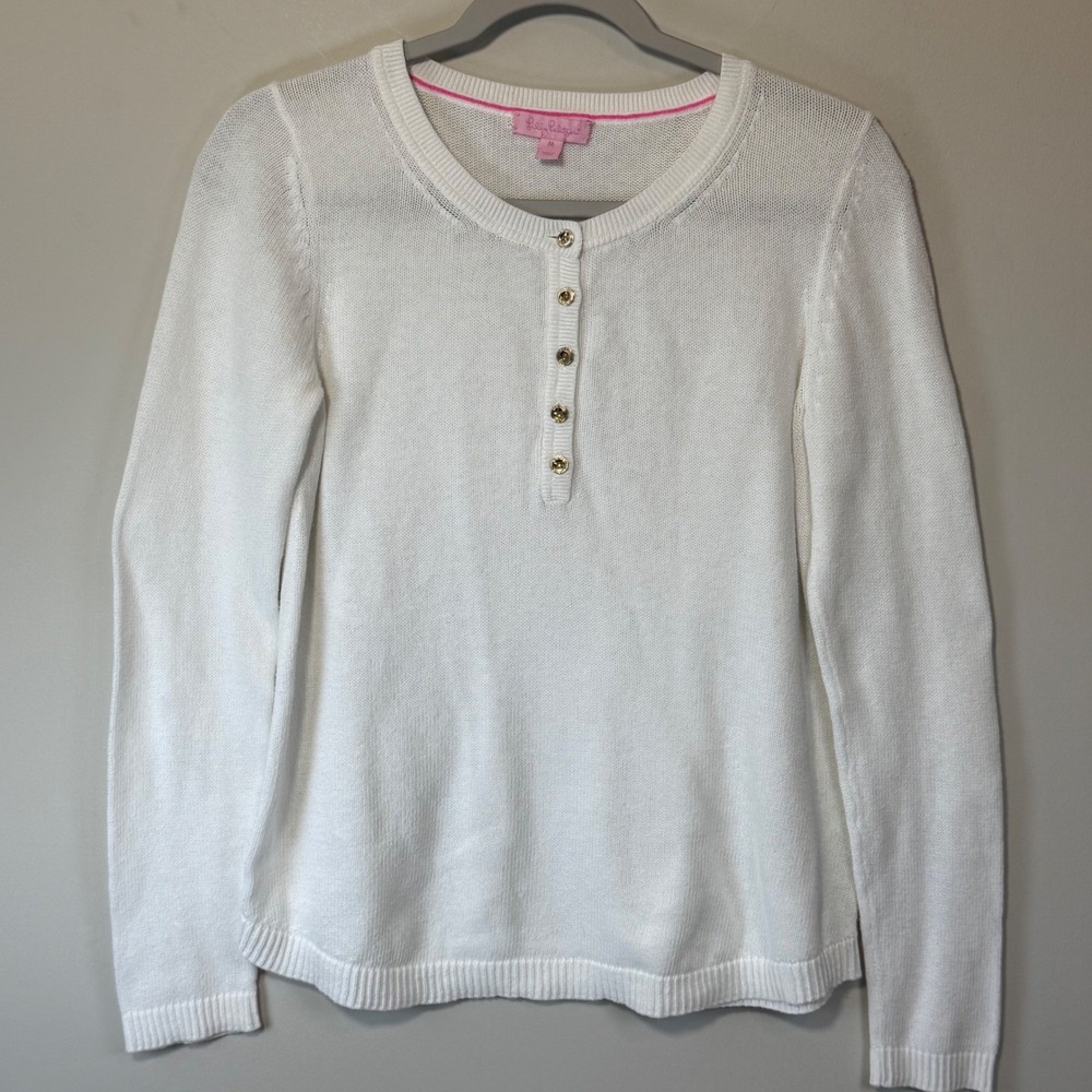 Lilly Pulitzer Henley Sweater Womens Medium White Gold Logo Buttons Coastal Knit